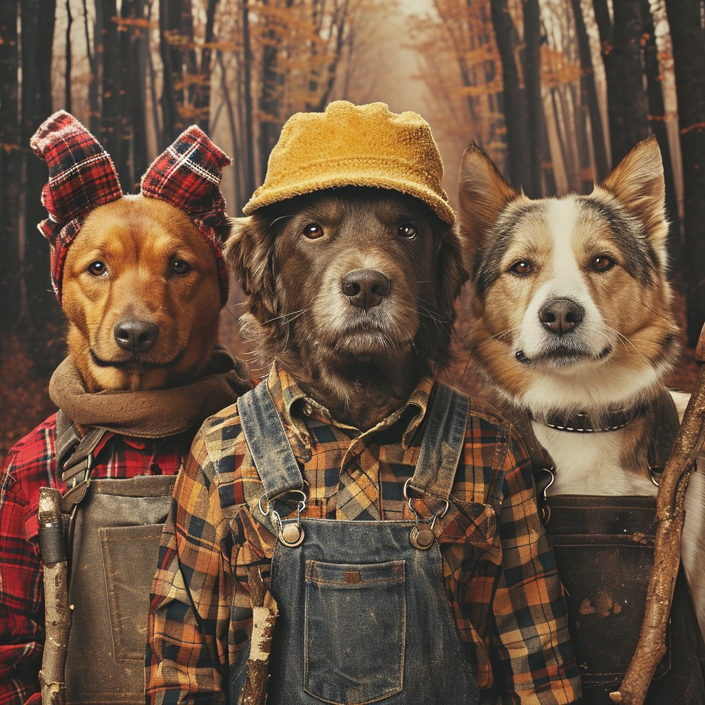 Lumberjack Tails Trio: Pet Canvas Portraits in Forest Splendor