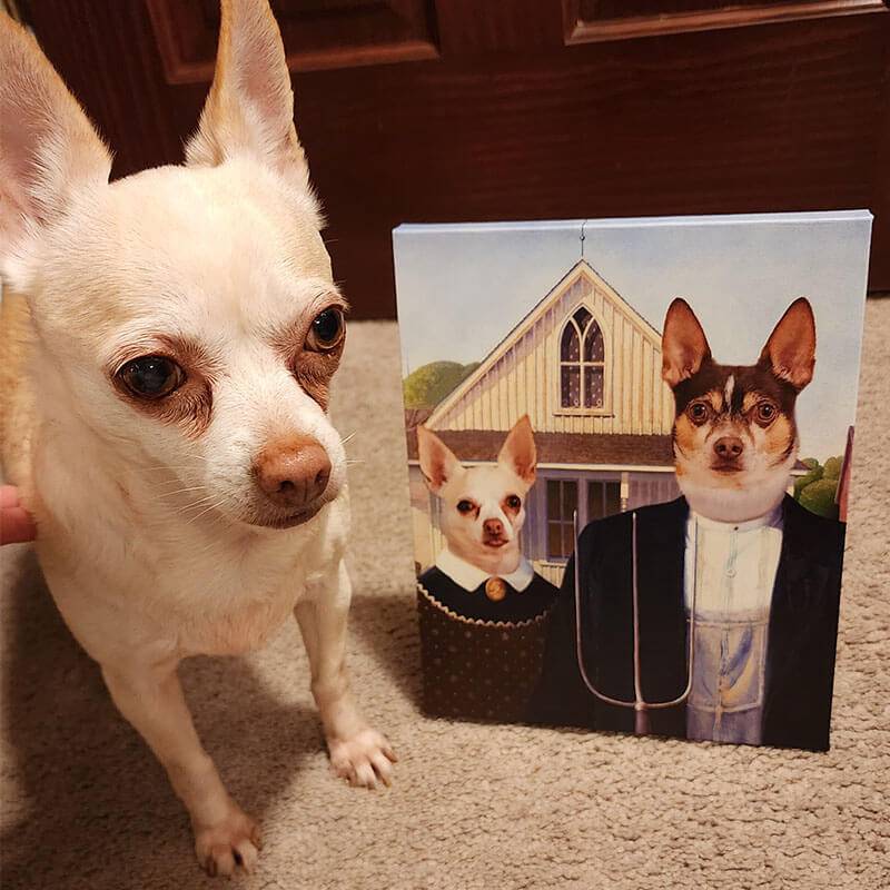 American gothic pet portrait custom pet painting canvas 2 pets