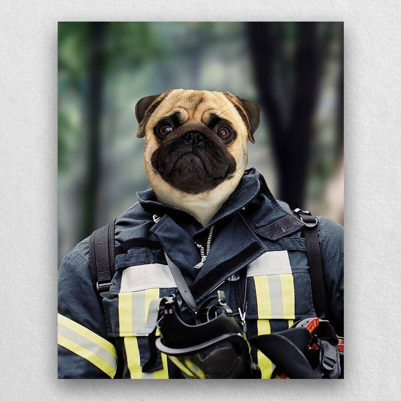 Firefighter Dog Portrait Pets Face On Painting