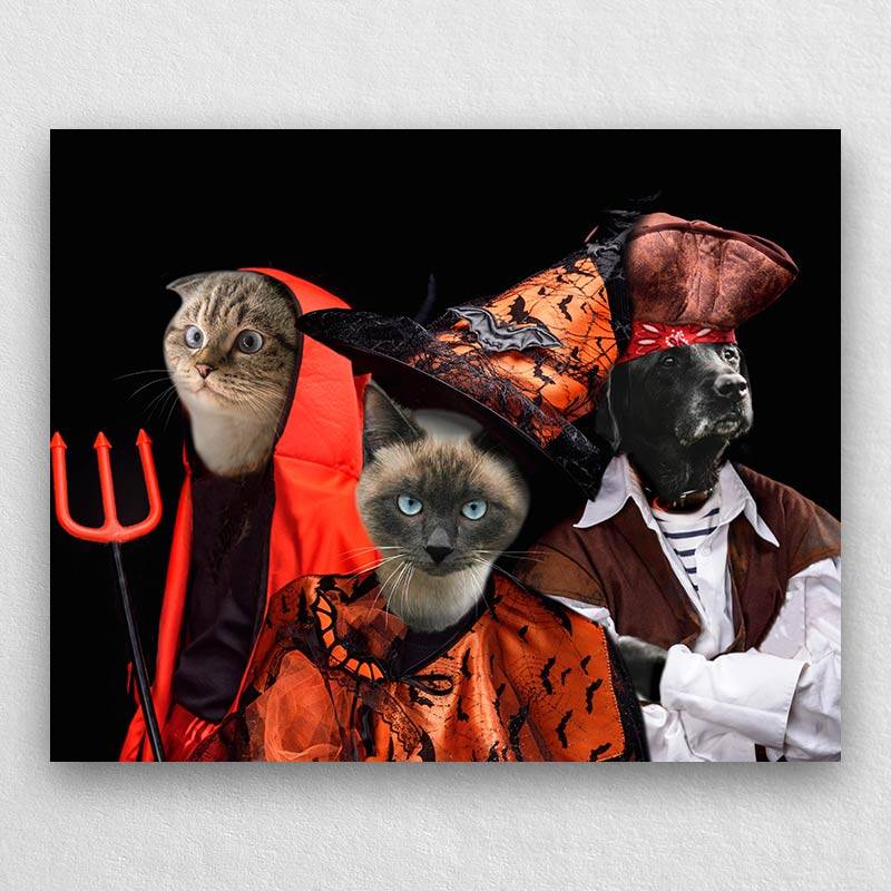 Portrait Of Pets In Halloween Costume Combination