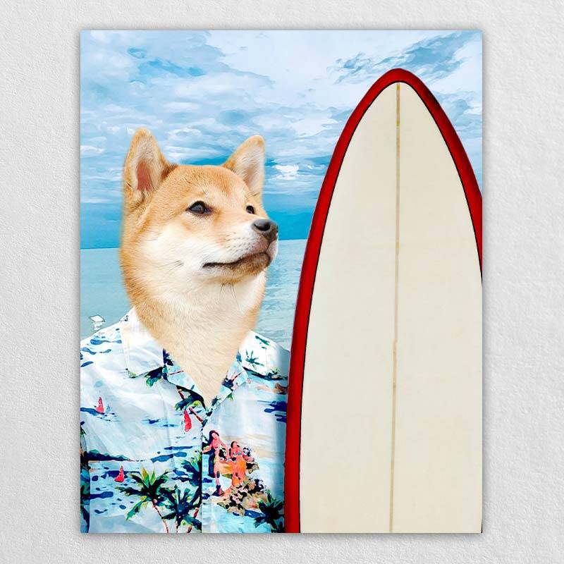 Surfing Funny Dog Canvas Wall Art