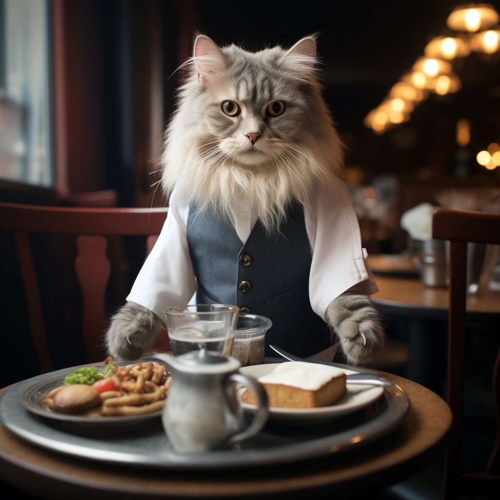 Experienced Waiter Whimsical Cat Art Picture