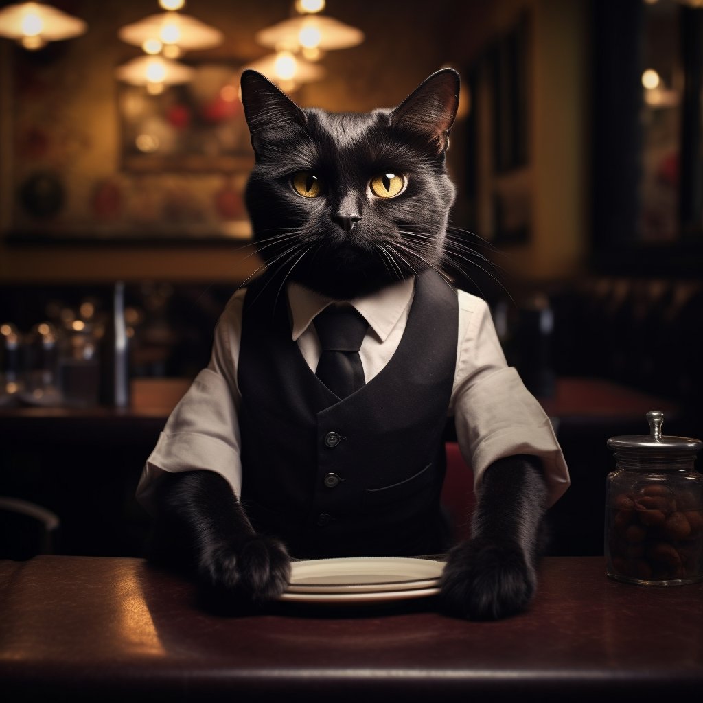 Exceptional Waiter Cat Art Picture Painting