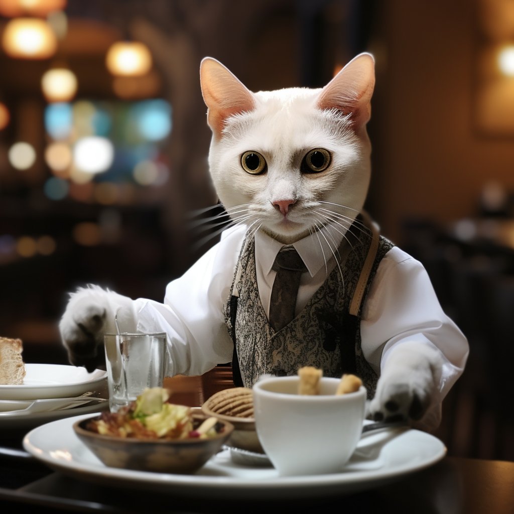 Helpful Dining Waiter Anthropomorphic Cat Art Picture