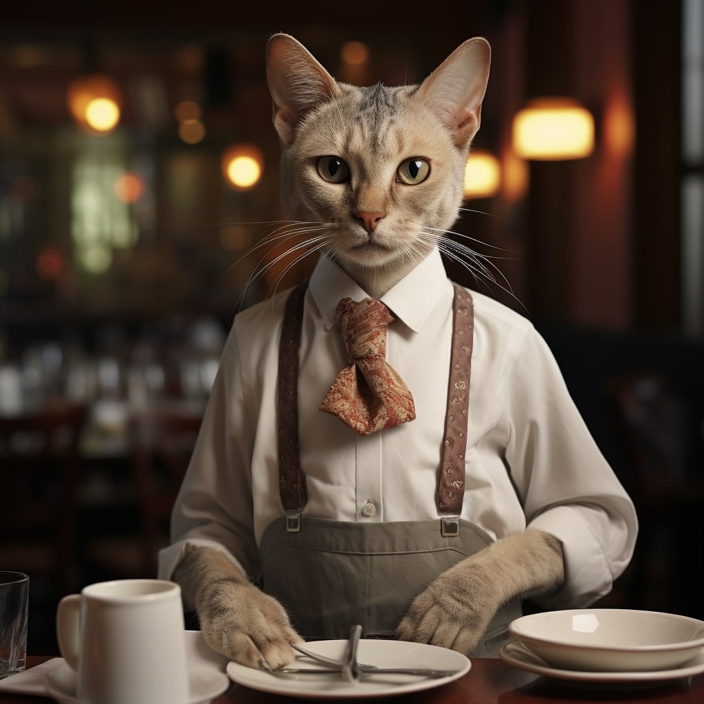 Skilled Dining Waiter Art Picture With Cat