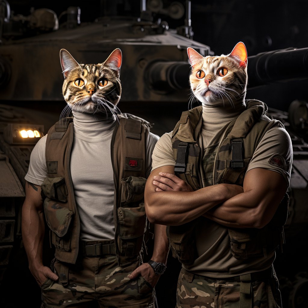 Regal Harmony: Formal Cat Portraits of Soldier and Feline Ally