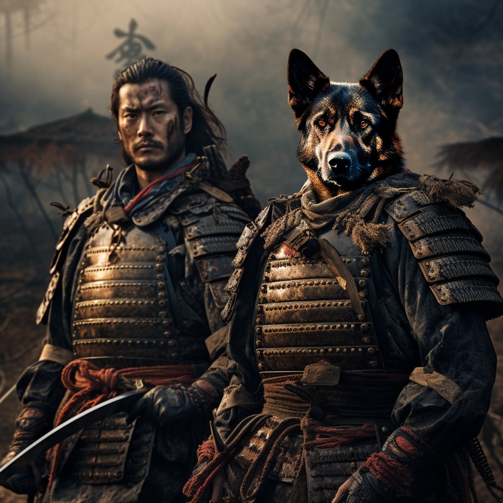 Feast of Friendship: Dining Room Canvas Art Celebrates Furryroyal and Master as Samurai Comrades