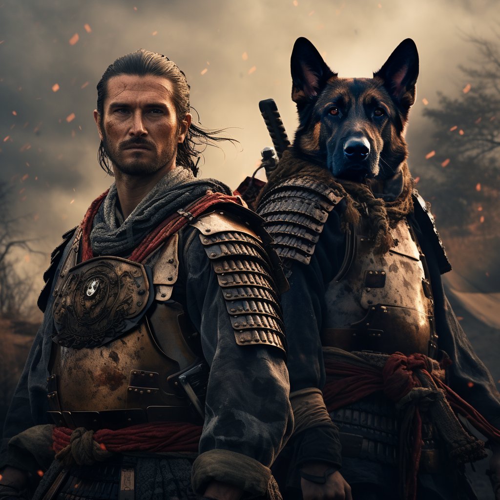 Winter Warriors: Canvas Wall Art Depicts Furryroyal and Master in Majestic Samurai Scene