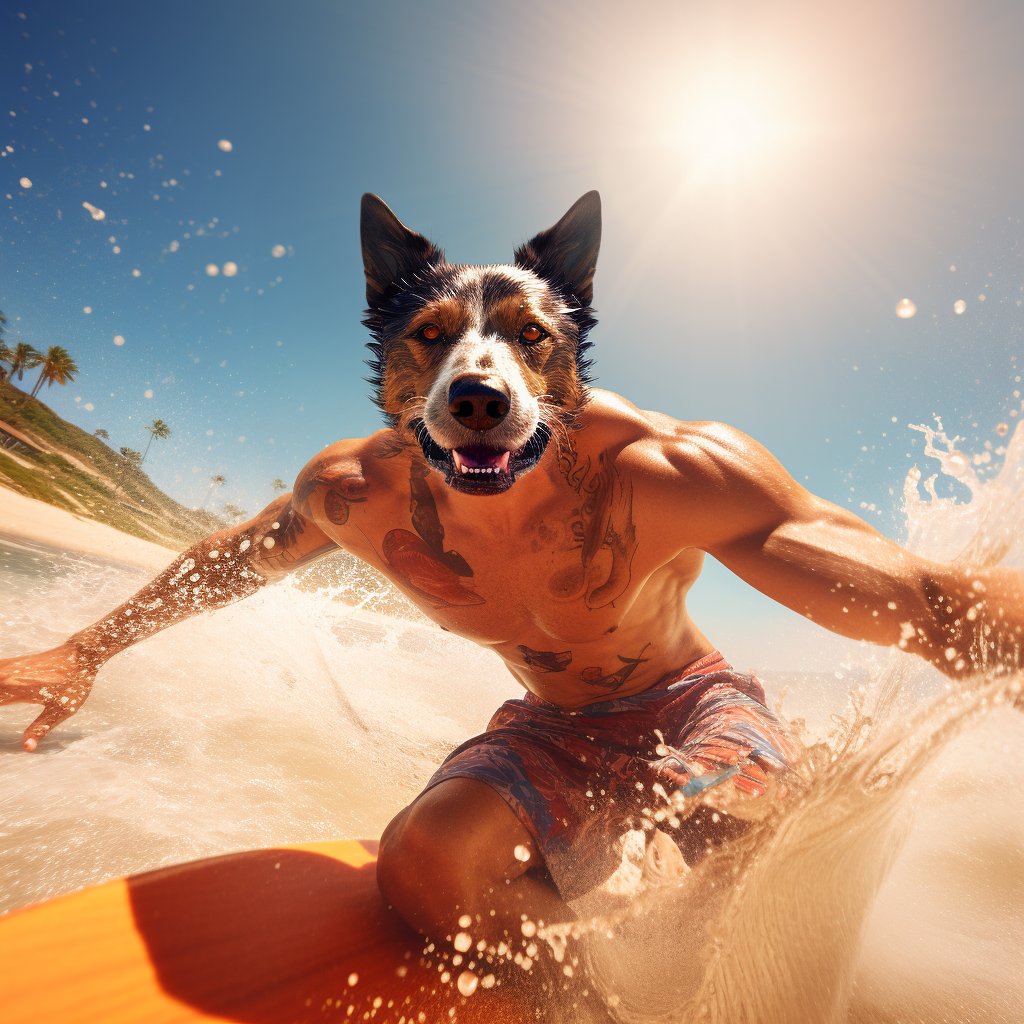 Coastal Canine Splendor: Capturing Furryroyal's Surfing Majesty in Custom Dog Portrait Pictures