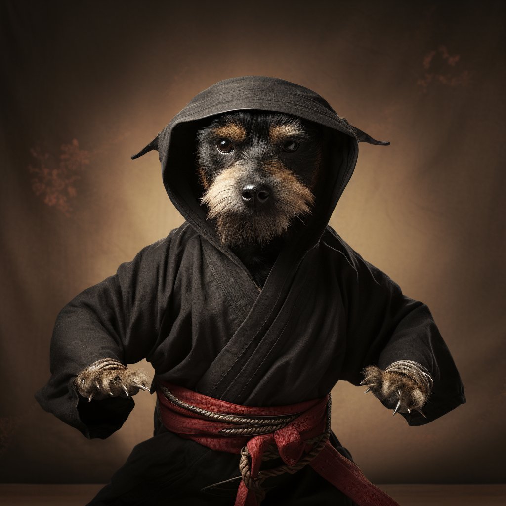Old-School Ninja Chic: Vintage Print Dog Art for a Stylish Touch