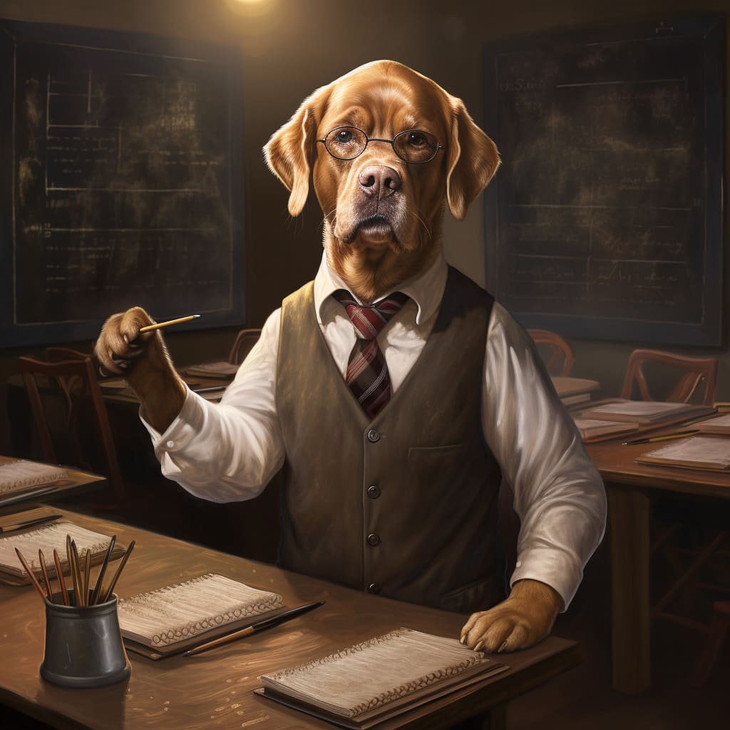 Enlightened Paws: Animated Dog Portrait Capturing Classroom Charm
