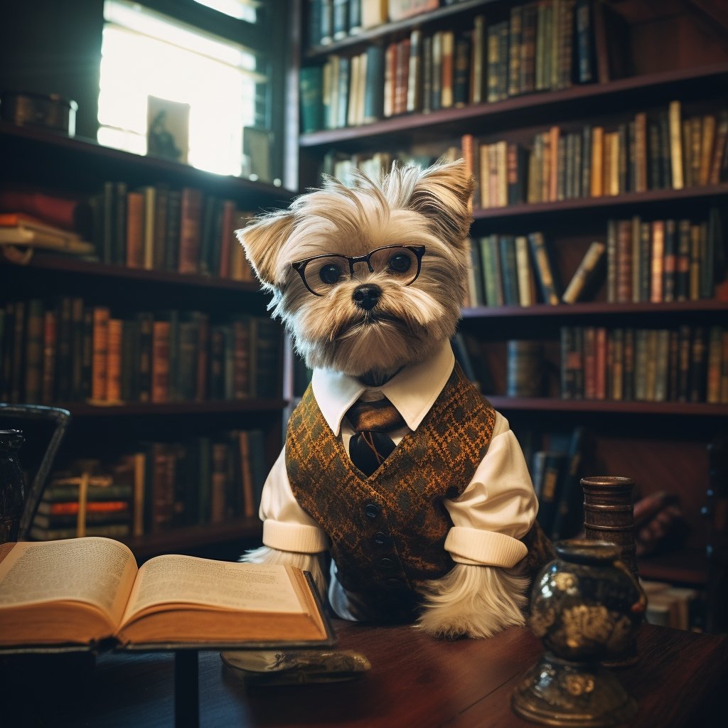 Timeless Tails: Librarian-Themed Pet Portrait for 75th Birthday