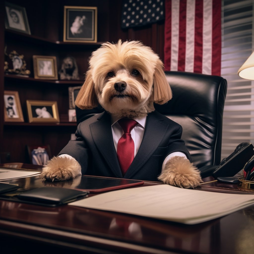 Democratic Charm: Balloon Dog Pooping Print Pet Canvas Portrait Reflecting Wise Leadership