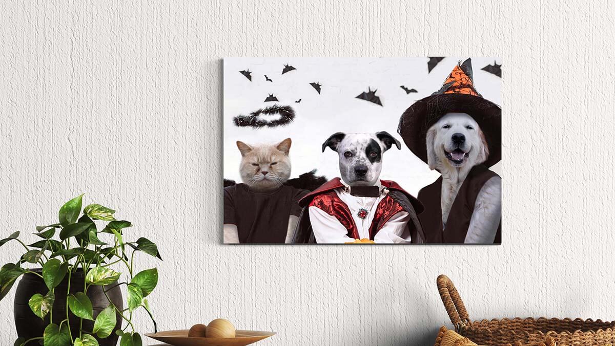 dog painting in scary yet elegant halloween costumes