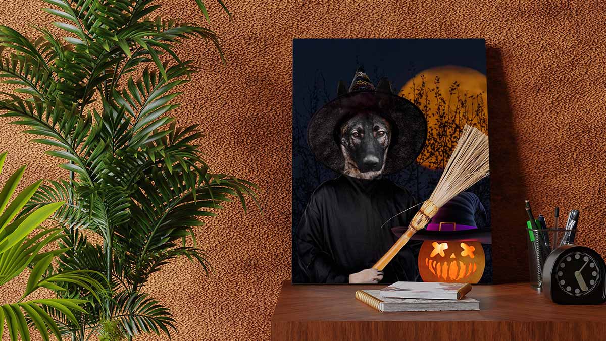 halloween fancy animal portraits dog into painting