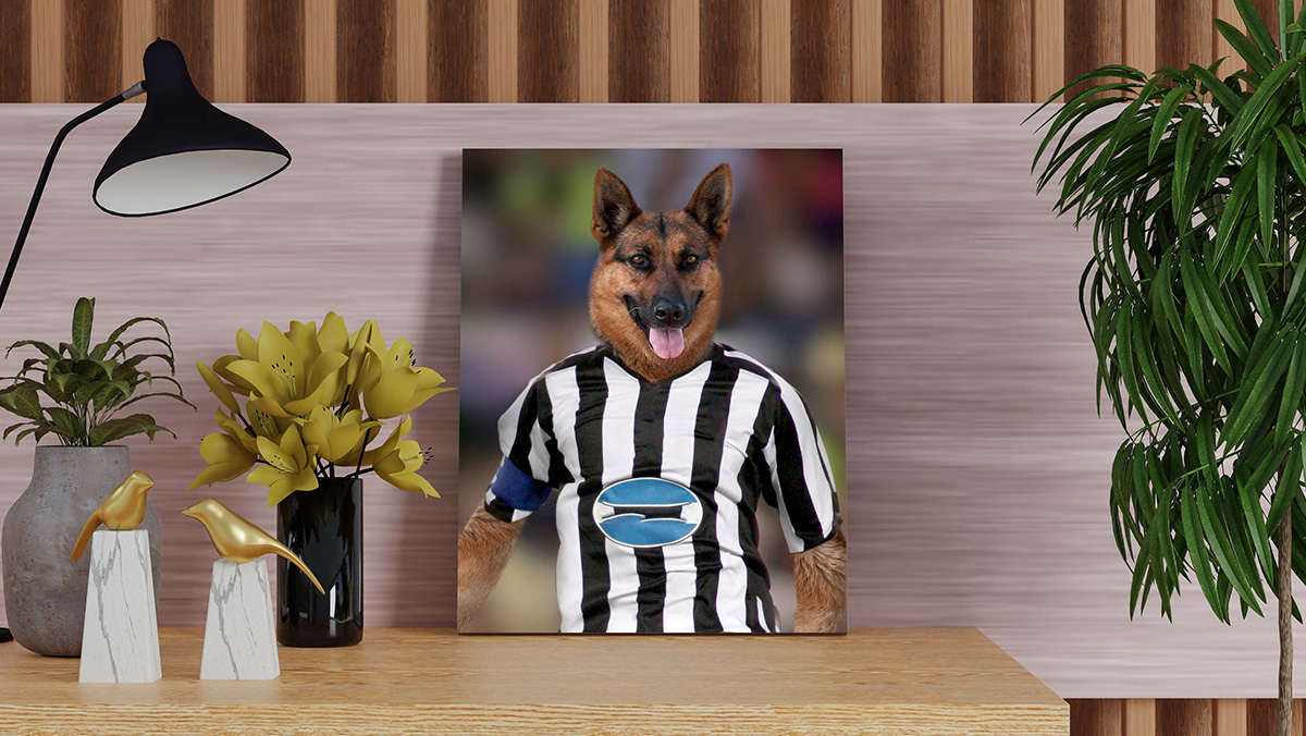 painting of your dog ready for a soccer match