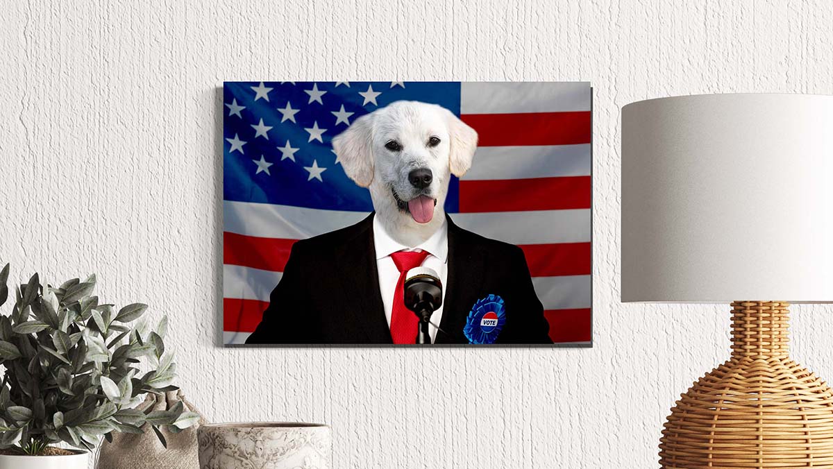 your white dog giving the president speech painting